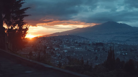 Stunning view of a vibrant sunset illuminating the city of Quito, Ecuador, with a majestic mountain in the background. Perfect for travel and nature themes.の素材