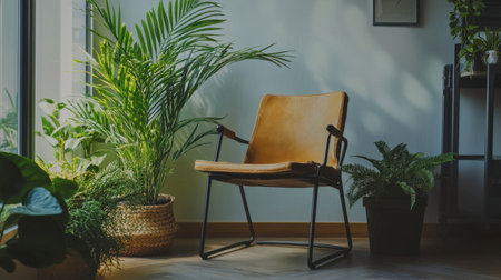 A stylish modern chair sits gracefully in a softly lit room, surrounded by vibrant green plants, creating a serene and inviting atmosphere perfect for relaxation and modern living.の素材