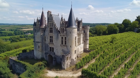 This stunning aerial image captures a historic castle amidst lush green vineyards, showcasing a beautiful landscape bathed in sunlight under a clear sky.の素材