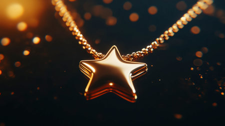A stunning gold star pendant necklace featuring a sleek design, set against a dark background with enchanting light effects, ideal for jewelry showcases and marketing use.の素材