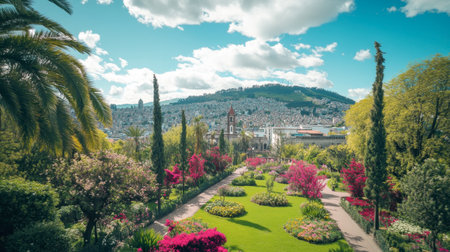 A breathtaking garden landscape features lush greenery and vibrant flowers against a stunning mountain backdrop under a bright blue sky, inviting tranquility and exploration.の素材