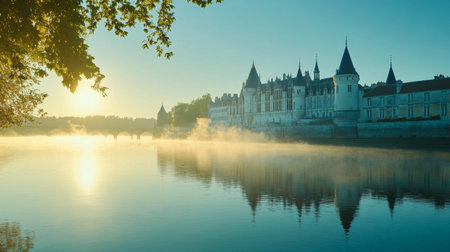 A stunning view of a historic castle reflected in still waters during early morning. Mist rises as the sun casts a warm glow across the peaceful landscape.の素材