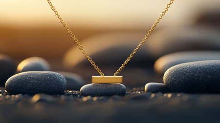 A stunning gold necklace rests gracefully on smooth pebbles, illuminated by soft natural light, creating an elegant and serene composition ideal for jewelry showcases.の素材