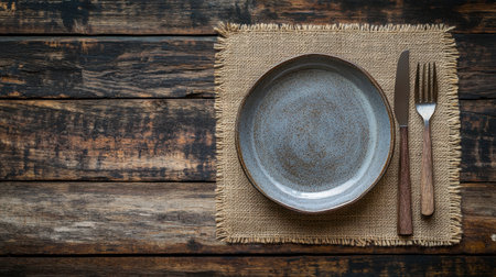 Capture a rustic dining experience with a gray plate and wooden utensils on a burlap mat, perfect for enhancing any cozy meal setting or atmospheric dining occasion.の素材