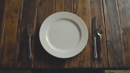 A simple white plate sits on a rustic wooden table, accompanied by a fork, knife, and spoon, showcasing a minimalistic dining setup with natural lighting.の素材