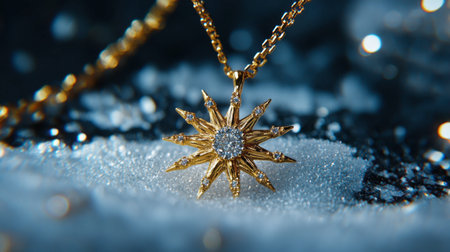 An elegant golden star pendant featuring a sparkling centerpiece, beautifully set against a snowy background, perfect for showcasing seasonal style and luxurious accessories.の素材