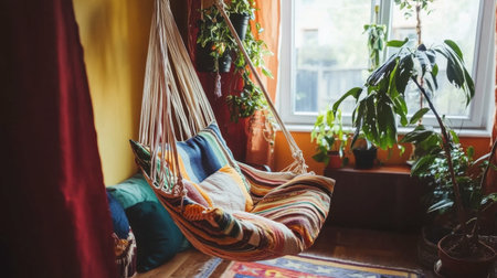 A cozy indoor hammock hangs in a vibrant room filled with lush green plants and colorful decor, inviting relaxation and leisure for reading and comfort.の素材