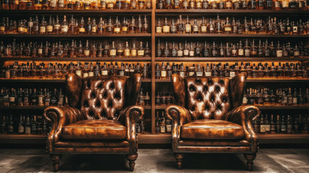 A pair of inviting leather armchairs sits prominently in a whiskey bar, set against a backdrop of elegantly arranged bottles, creating a cozy and refined atmosphere for relaxation.の素材