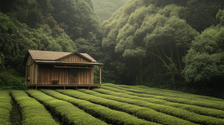 A peaceful wooden house stands amidst lush green tea fields, enveloped by dense misty forests, creating a serene landscape that reflects nature's exquisite beauty.の素材