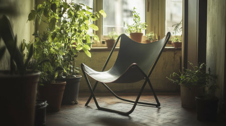 A modern lounge chair sits peacefully amidst lush plants, capturing a tranquil indoor atmosphere filled with natural light and greenery, ideal for relaxation.の素材