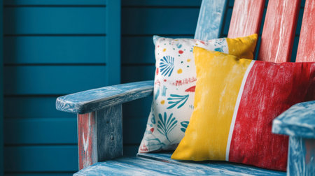 Brightly colored cushions adorn a rustic wooden chair, creating a vibrant and inviting atmosphere in a blue-themed room, perfect for modern home decor ideas.の素材