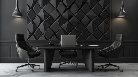 Experience a sleek modern office interior with stylish black furniture, geometric wall design, and elegant lighting, creating a productive and inspiring workspace.の素材
