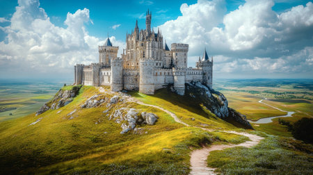 A stunning view of a medieval castle on a grassy hill, surrounded by lush landscapes and framed by dramatic clouds, perfect for capturing the essence of history and adventure.の素材