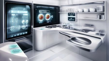 Explore a sleek futuristic kitchen equipped with smart technology and interactive displays designed for seamless cooking and food preparation, blending innovation with modern style.の素材