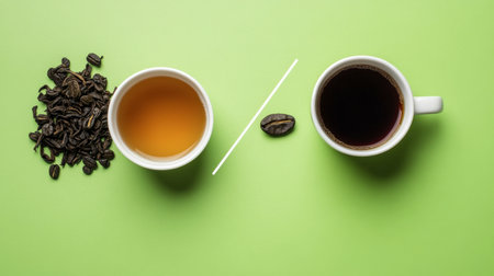 A captivating scene showcasing a cup of tea and a cup of coffee, surrounded by tea leaves and coffee beans, set against a vibrant green backdrop, highlighting beverage diversity.の素材
