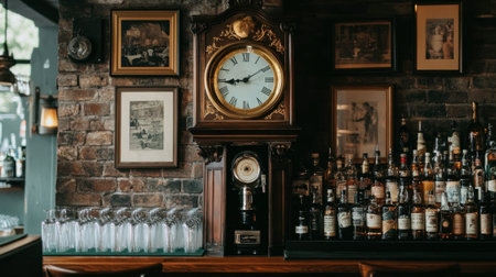 A charming vintage bar showcasing an antique clock and an array of liquor bottles against rustic brick walls, creating a welcoming and cozy atmosphere for patrons.の素材