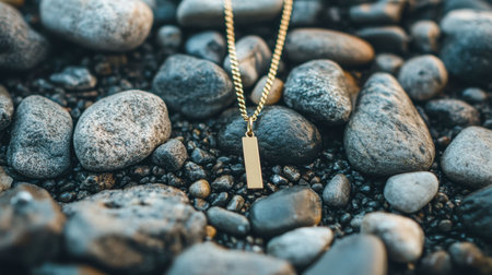 A beautiful gold pendant necklace resting on a bed of smooth river stones, creating a perfect blend of elegance and nature in this captivating fashion photography setup.の素材