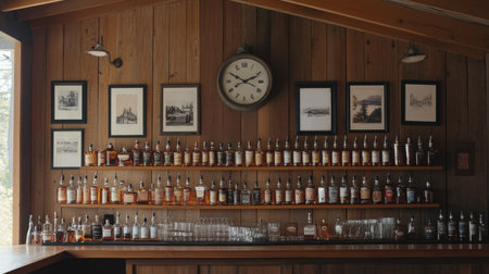 A charming bar featuring an extensive collection of spirits showcased on wooden shelves, enhancing the inviting atmosphere of a cozy gathering space for relaxation and enjoyment.の素材