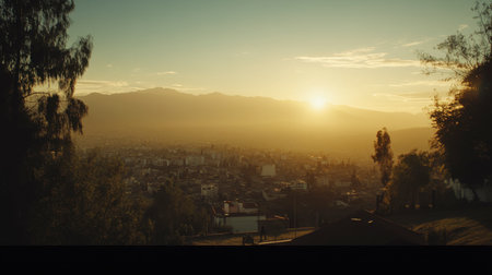 A breathtaking view of a sunrise over a mountainous cityscape, showcasing the beauty of nature and urban architecture bathed in soft golden light.の素材