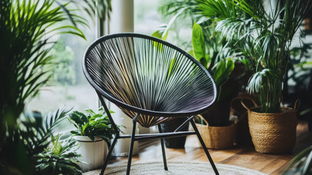 A beautifully designed indoor lounge area featuring a stylish chair surrounded by lush greenery, creating a serene and inviting atmosphere perfect for relaxation.の素材