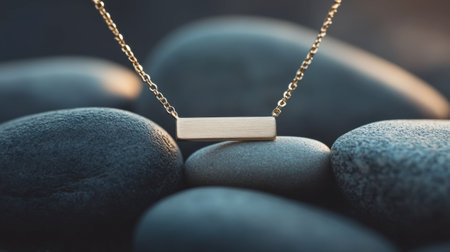 A stunning gold bar necklace rests gracefully on smooth black stones, illuminated by soft natural light, creating a serene and elegant atmosphere ideal for showcasing jewelry designs.の素材