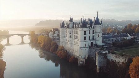 Experience the breathtaking beauty of Chenonceau Castle captured from above, showcasing its stunning architecture amidst vibrant autumn hues along the serene river.の素材