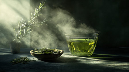 Discover the essence of tranquility with this captivating image of herbal tea, showcasing fresh olive leaves in a serene atmosphere bathed in soft light.の素材