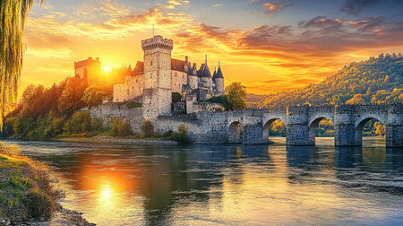 A breathtaking scene featuring a historic castle illuminated by a vibrant sunset, reflected in a calm river, surrounded by serene hills and dramatic clouds, ideal for tranquil imagery.の素材