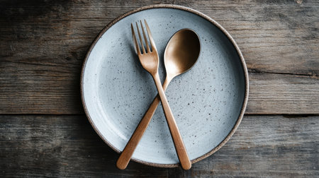 This image features a beautifully arranged fork and spoon on a rustic plate, emphasizing simplicity and elegance, perfect for culinary or dining themes.の素材