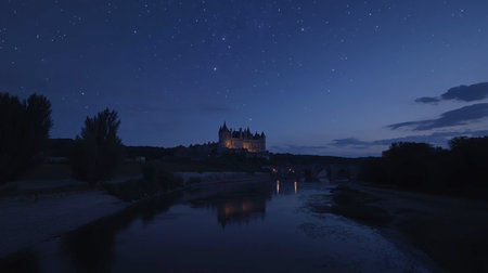 Experience the enchanting beauty of a night scene featuring a stunning castle glowing under a star-filled sky, mirrored in a tranquil river, perfect for travel and architecture lovers.の素材