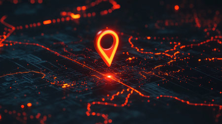 A vivid illustration of a futuristic city map featuring a luminous location pin that stands out amidst a network of glowing urban streets in a digital night landscape.の素材