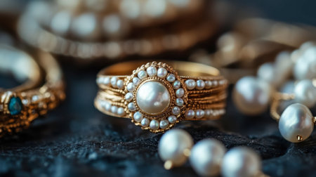 This stunning closeup captures an elegant gold ring adorned with pearls, surrounded by exquisite jewelry pieces, highlighting luxury and intricate craftsmanship against a dark background.の素材