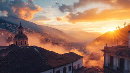 Experience the breathtaking beauty of a sunset over Cusco, Peru, highlighting majestic mountains, vibrant colors, and historic architecture surrounded by misty clouds.の素材