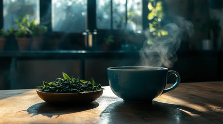 A steaming cup of herbal tea placed on a rustic table next to fresh green leaves, surrounded by natural light and indoor plants creating a cozy kitchen atmosphere.の素材
