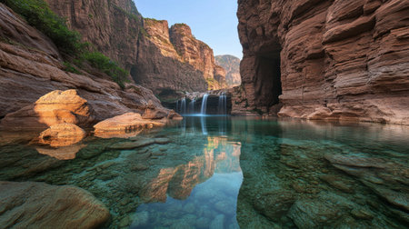Experience the beauty of nature with this stunning image of a waterfall flowing into a crystal-clear pool, surrounded by dramatic cliffs and vibrant greenery.の素材