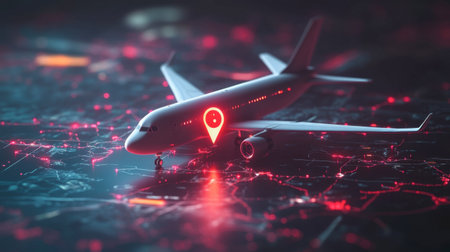 A sleek airplane model on a glowing digital map, featuring a prominent location pin. This imagery captures the essence of modern travel and navigation technology.の素材