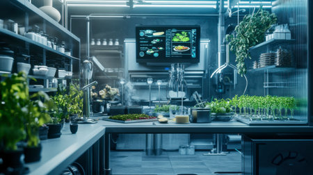 A high-tech culinary kitchen featuring indoor plants, modern cooking equipment, and an interactive display showcasing fresh ingredients, ideal for creative chefs and food enthusiasts.の素材