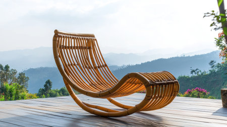 A modern bamboo rocking chair is set against a breathtaking mountain backdrop, providing a perfect blend of comfort and style for outdoor relaxation or interior design.の素材
