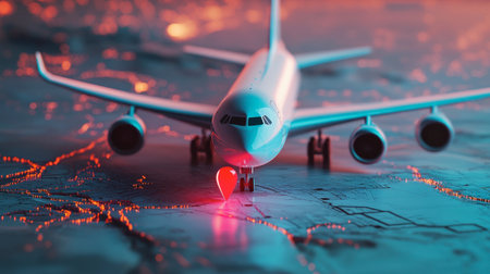 A striking image of a futuristic airplane model positioned over a city map adorned with neon lights, showcasing the allure of travel and exploration in urban environments.の素材