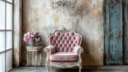 A beautifully styled vintage chair in pink upholstery sits against a distressed wall, complete with a charming floral arrangement and rustic decor elements, creating an inviting atmosphere.の素材