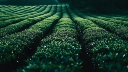 Vibrant view of a tea plantation under soft light, highlighting the manicured rows of green tea leaves across gentle hills. Perfect representation of tranquility and rural agriculture.の素材