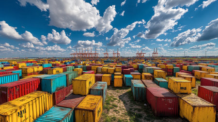 A colorful array of cargo containers fills a shipping yard under a stunning blue sky with fluffy clouds, capturing the essence of industrial transport and logistics operations.の素材