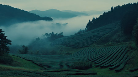 A breathtaking view of lush green tea fields set against misty mountains, creating a peaceful atmosphere that embodies the beauty of nature at dawn.の素材