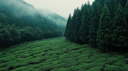 Captivating view of rolling green tea fields bordered by towering trees and mysterious fog, capturing the serene beauty of nature and the tranquility of rural landscapes.の素材