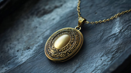 Elegant vintage gold pendant necklace showcased on a dark textured surface, highlighting intricate filigree craftsmanship, perfect for fashion photography and jewelry promotions.の素材