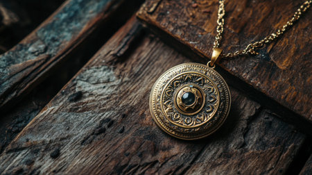 Discover a stunning vintage gold pendant necklace featuring an intricate design and a striking black stone, beautifully displayed on a rustic wooden background.の素材