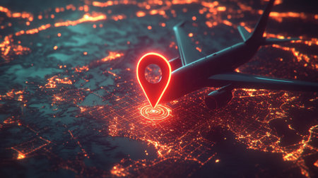 Capture the essence of modern travel with this aerial view of an airplane over vibrant city lights at night, showcasing navigation and connectivity in todayの素材