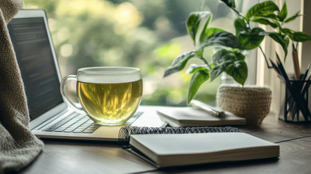 A bright and inviting home office scene featuring a laptop, a cup of green tea, notebooks, and a lush plant, perfect for boosting creativity and enhancing productivity.の素材