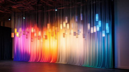 This stunning installation features a gradient of silk drapery and illuminated light fixtures, creating an enchanting atmosphere ideal for events and artistic expressions.の素材