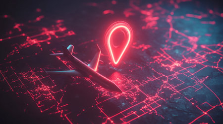 A striking digital illustration featuring an airplane alongside a bright location pin, highlighting the interplay between air travel and modern city navigational tools.の素材